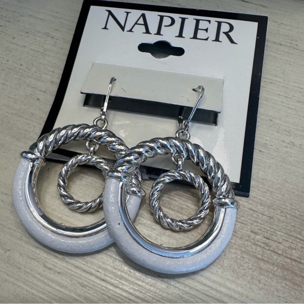 Napier Silver Tone White Leather Wrapped Orbital Drop Earrings ~ NWT - Picture 6 of 8